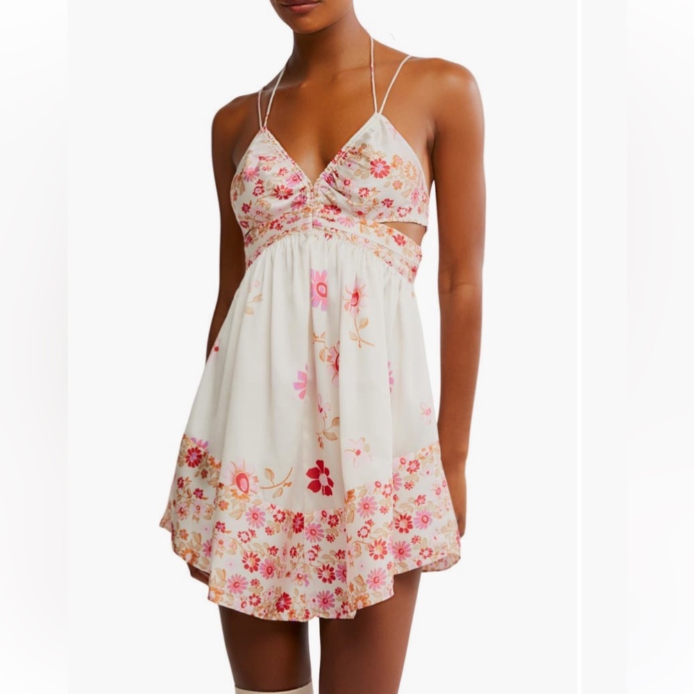 Free People Oasis Placed Floral Mini Slip Dress Cutout Satin Pink White L New - Picture 1 of 11